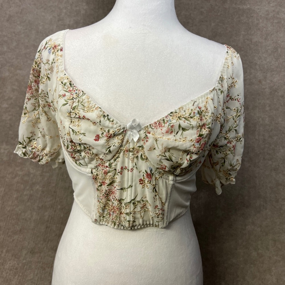 Floral Corset Crop Top Puff Sleeve Blouse‎ White Gold Pink Party Cute